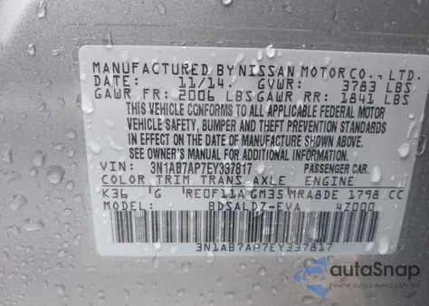 2014 Nissan Sentra Sv from USA, damaged, VIN 3N1AB7AP7EY337817